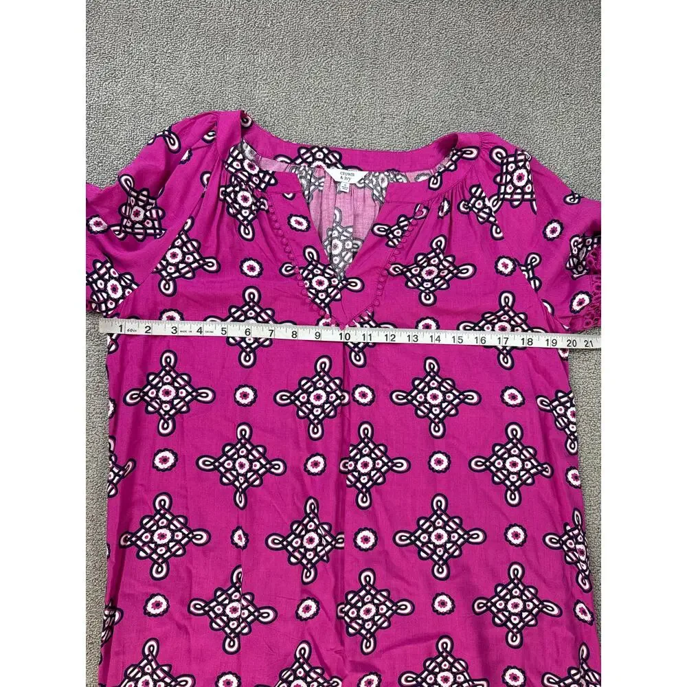 Crown & Ivy Dress Bell‎ Sleeve Crochet Magenta Navy Geometric Print Size Small